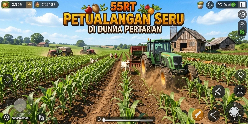 Tampilan gameplay 55RT dengan ladang subur dan hewan ternak.
