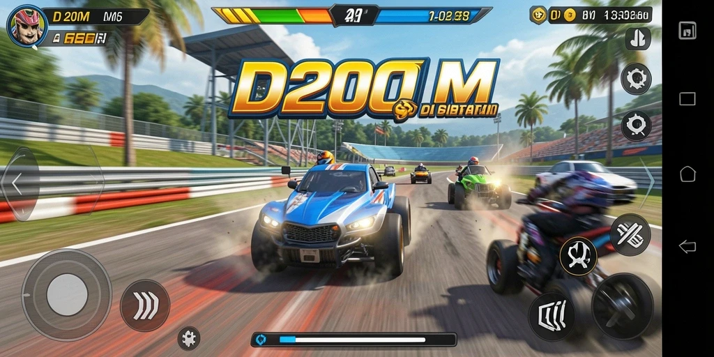 Screenshot gameplay D200M menampilkan aksi balapan yang mendebarkan.