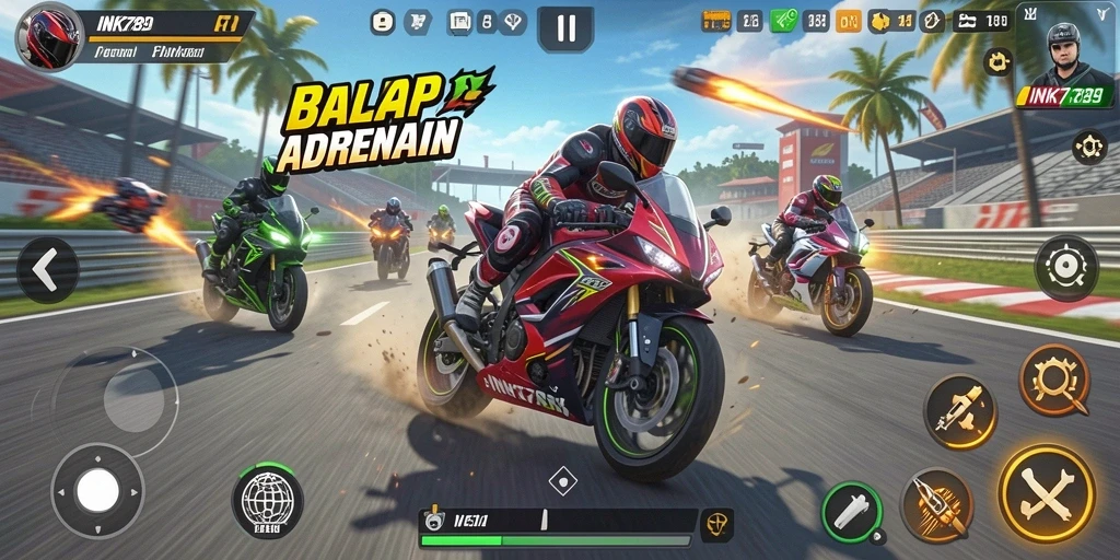 Screenshot menampilkan aksi balap motor yang menegangkan di INK789.