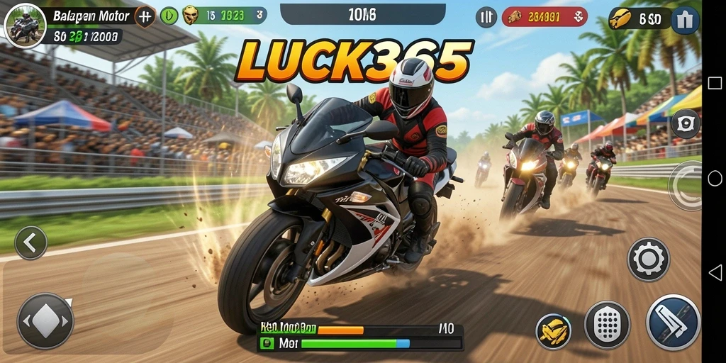 Gameplay LUCK365 yang menegangkan dengan aksi balapan motor.