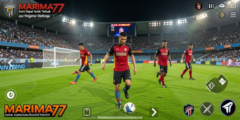 Screenshot gameplay MARIMA77 menampilkan aksi seru pertandingan sepak bola.