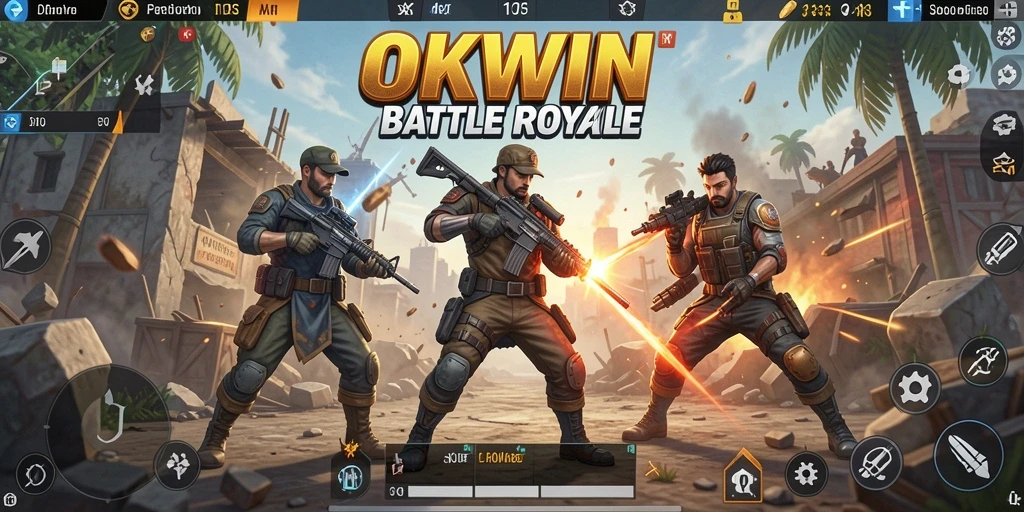 Gameplay OKWIN menampilkan aksi pertarungan Battle Royale yang intens.