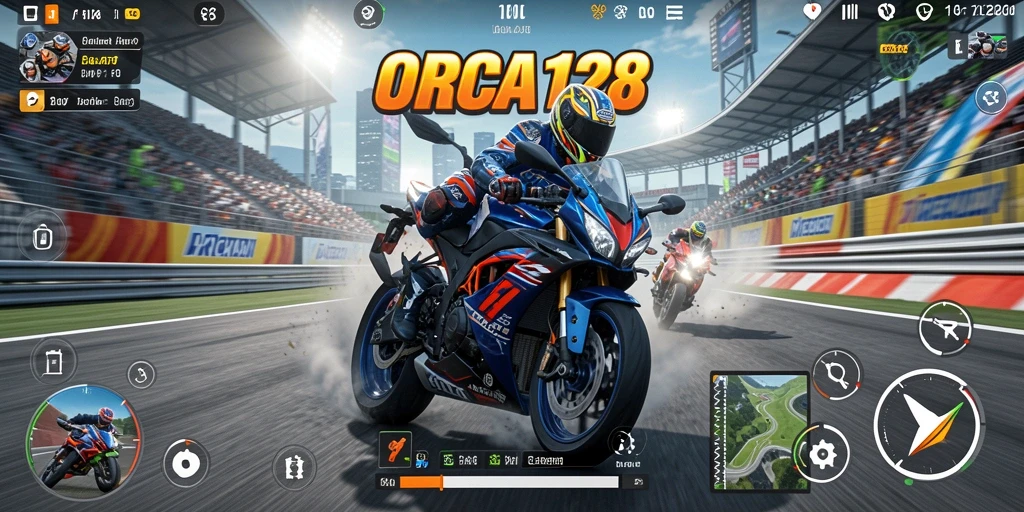 Tampilan gameplay <strong>ORCA128</strong> dengan aksi balap motor yang mendebarkan.