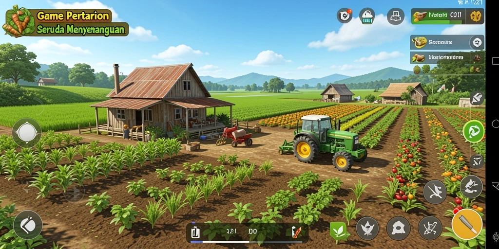Tampilan gameplay V21 yang menampilkan ladang yang subur dan hewan ternak.