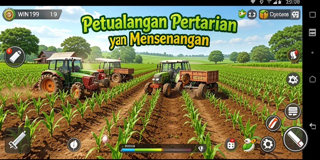 Screenshot gameplay WIN199 menampilkan petani sedang merawat ladang pertanian.